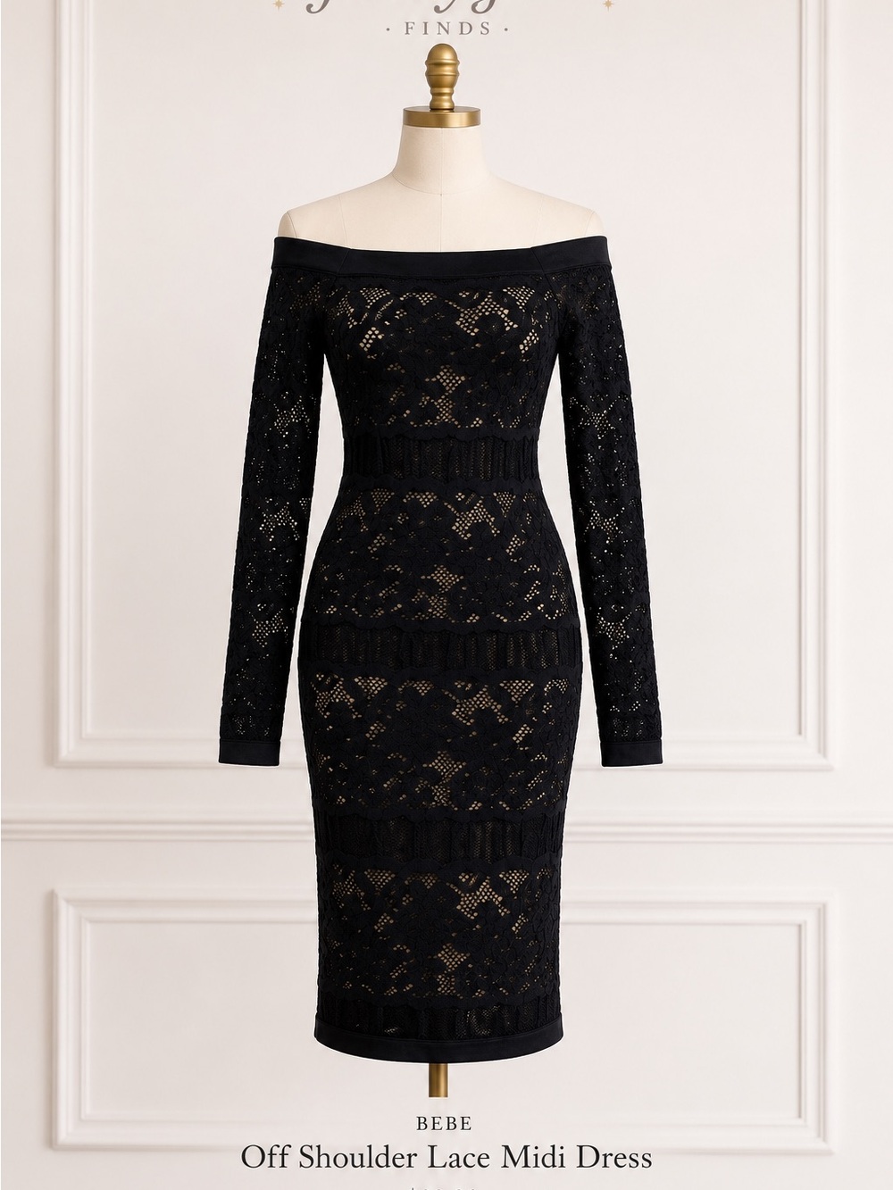 bebe Black Off-Shoulder Lace Long Sleeve Midi Dress